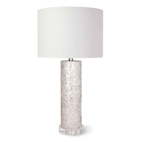 White scalloped capiz lamp with crystal base